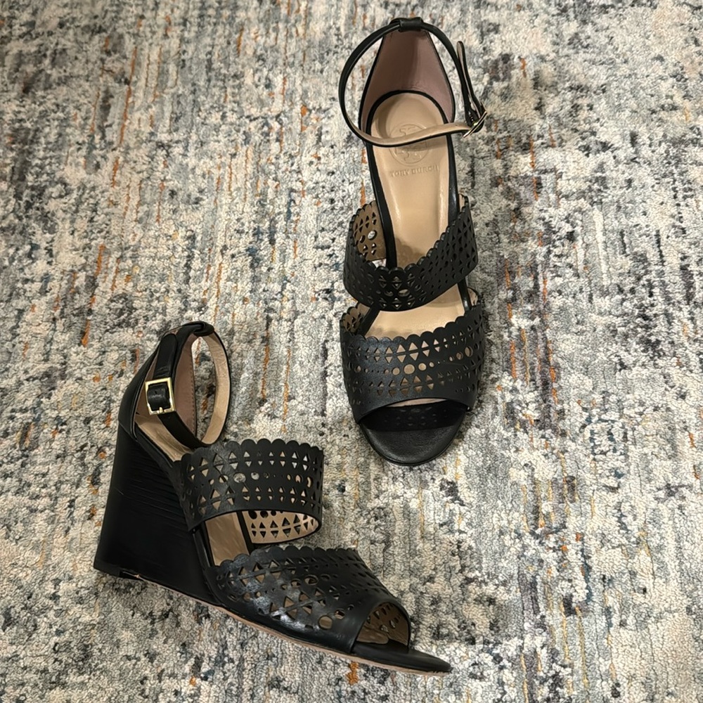 Tory Burch black leather wedge heels